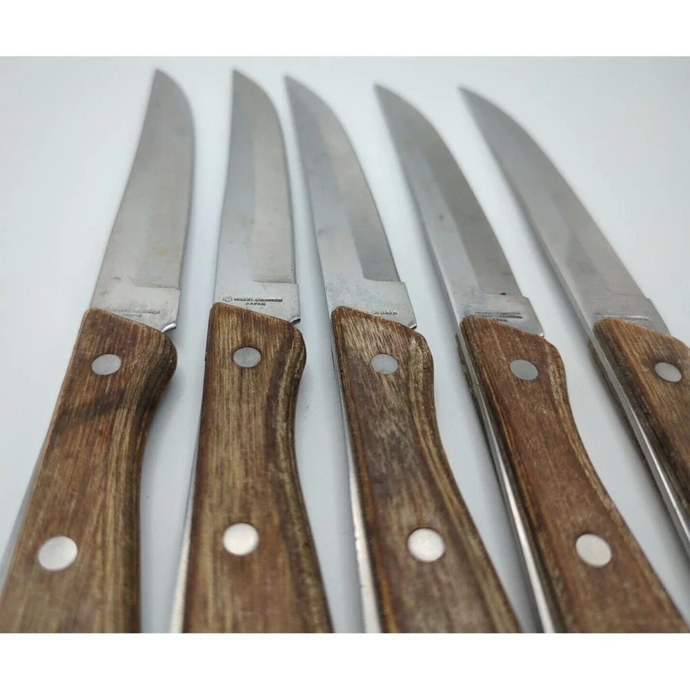 Vtg 5 Regent Swords Lightning Japan‎ SS Steak Knives Full Tang Wood Handle READ